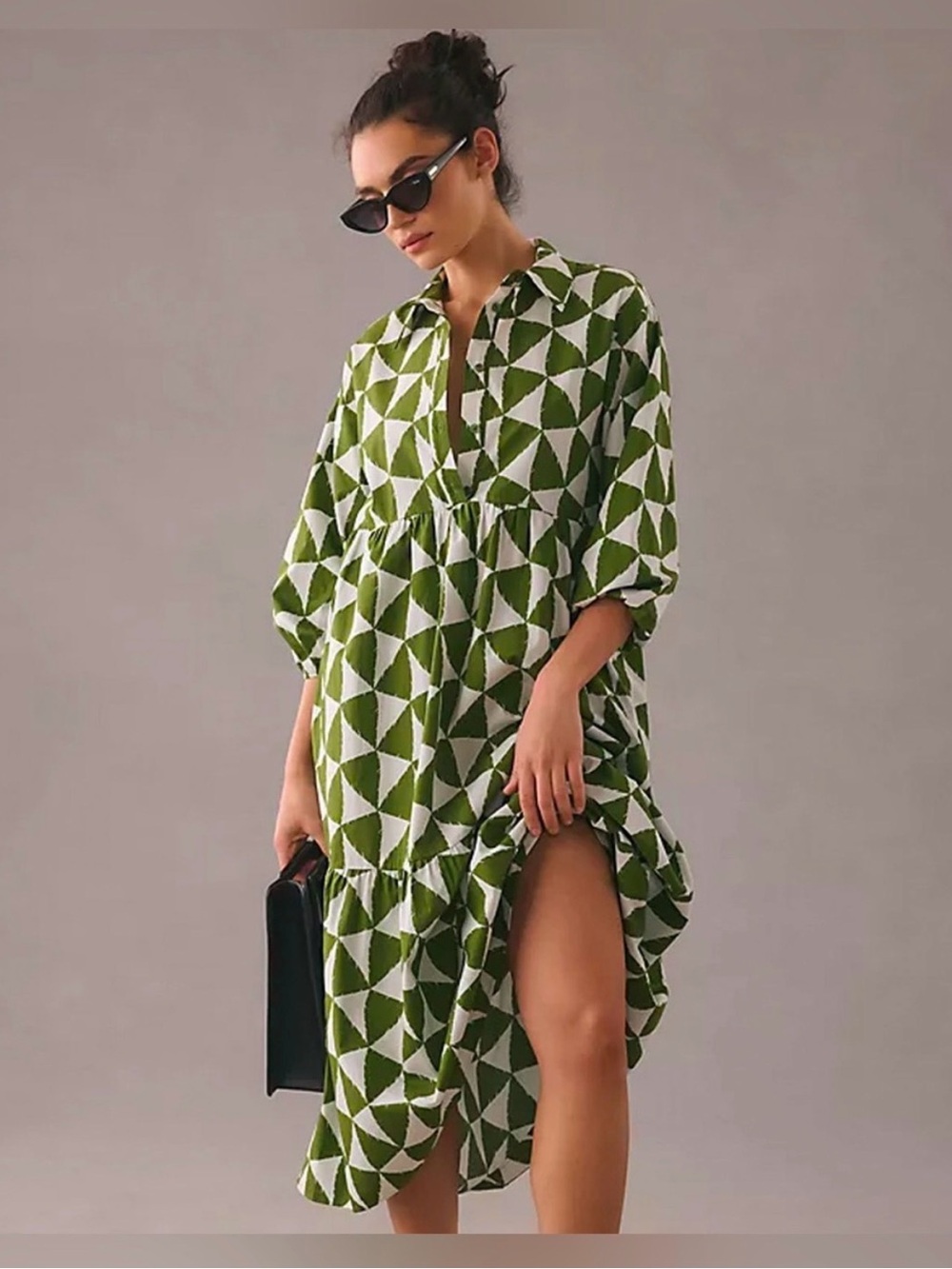 💚 ANTHROPOLOGIE MAEVE
The Bettina Tiered Midi Shirt Dress Geometric Moss Sz: SP
